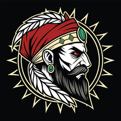 Vintage Tribal Chief Illustration with Feathers and Ornamental Details.