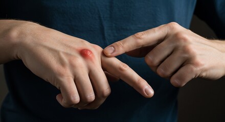 Thin white man with long fingers pointing to a swollen red sting on hand  