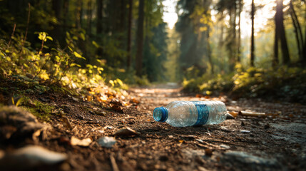 Fototapeta premium Plastic bottle littering forest path amid sunlit trees and vegetation