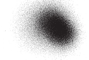 A dense scattering of black dots covers a white background creating an abstract circular