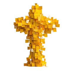 Urban environment creative yellow cross sculpture installation. Isolated on transparent background, png.