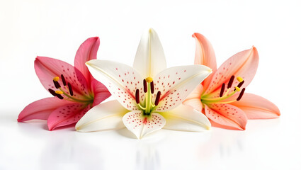 
Lily flowers, macro photography, vibrant pink, pure white, soft peach colors, delicate petals, spotted patterns