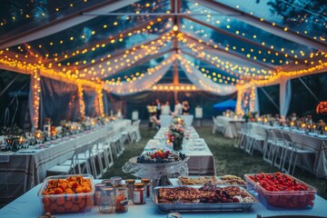 Wide-angle shot of a wedding reception tent with beautifully decorated tables, a dance floor, and a catered buffet area under twinkling lights