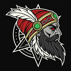 Vintage Tribal Chief Illustration with Feathers and Ornamental Details.