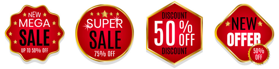 Sale Mega Super Discount New Offer Set of discount gift ticket coupons color red black gold white 50 75% percent Vector template of coupon tag element design star