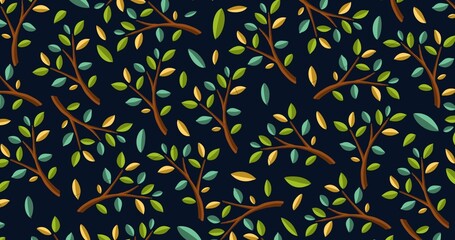 4K background of colorful leafy branches on a dark background. Perfect for fabric, wallpapers, packaging, and eco-themed designs.