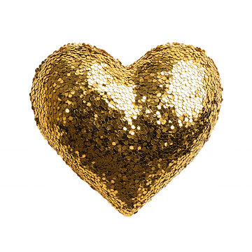 Glittering golden sequined heart isolated on transparent background, symbolizing love, romance, and celebration