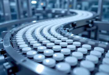 Obraz premium White tablets on a conveyor belt in a pharmaceutical manufacturing facility
