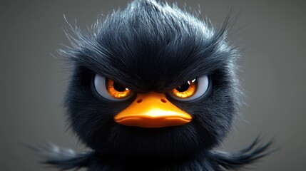 Angry cartoon duckling close-up, neutral background, digital art, children's book illustration