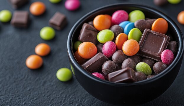 Colorful candies and chocolate pieces in a bowl (1)