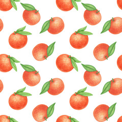 Seamless watercolor pattern with tangerine and leaves, isolated food illustration. Tropical orange fruit, hand drawn backdrop