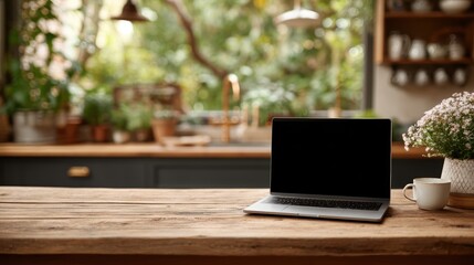 Cozy home office kitchen with open laptop on wooden desk, blank screen reflecting a productive environment
