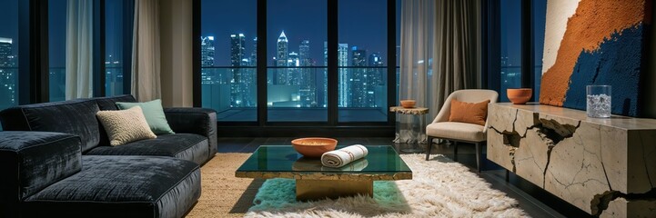 Generative AI, Moody Velvet Penthouse Living Room with City View