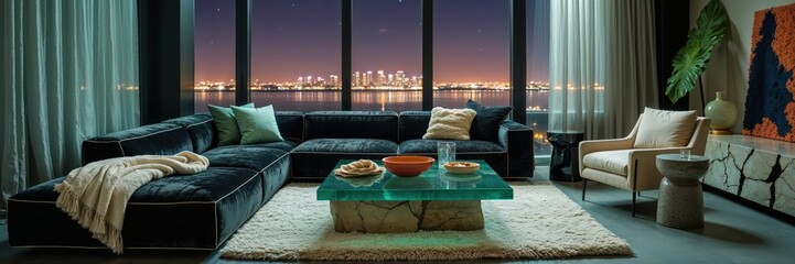 Generative AI, Moody Velvet Penthouse Living Room with City View