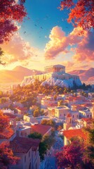 A digital painting captures ancient Athens with the Acropolis and Parthenon. Vibrant autumn trees, serene sky, birds, and a tranquil atmosphere are depicted.