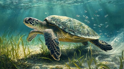 green sea turtle gracefully moves along the seabed, grazing on seagrass while small fish clean algae from its shell.