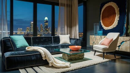 Generative AI, Moody Velvet Penthouse Living Room with City View