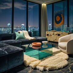Generative AI, Moody Velvet Penthouse Living Room with City View
