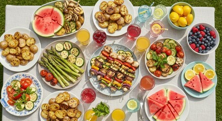 Overhead view of a table laden with grilled vegetables, fruits, and refreshing summer drinks