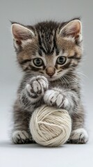 A small tabby kitten with wide eyes holds a ball of yarn with its paws while standing in front of a plain light gray background indoors.