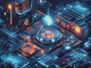 Futuristic integrated circuit board design with neon glowing elements