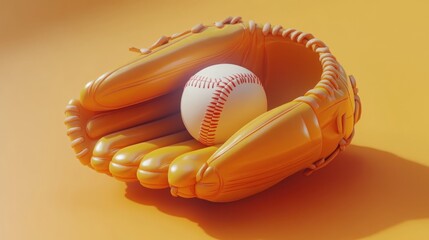 Baseball glove holding ball, orange background, game concept