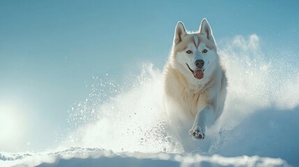 A beautiful cream and white husky dog runs energetically through fresh powdery snow under a bright blue winter sky with joy and freedom.