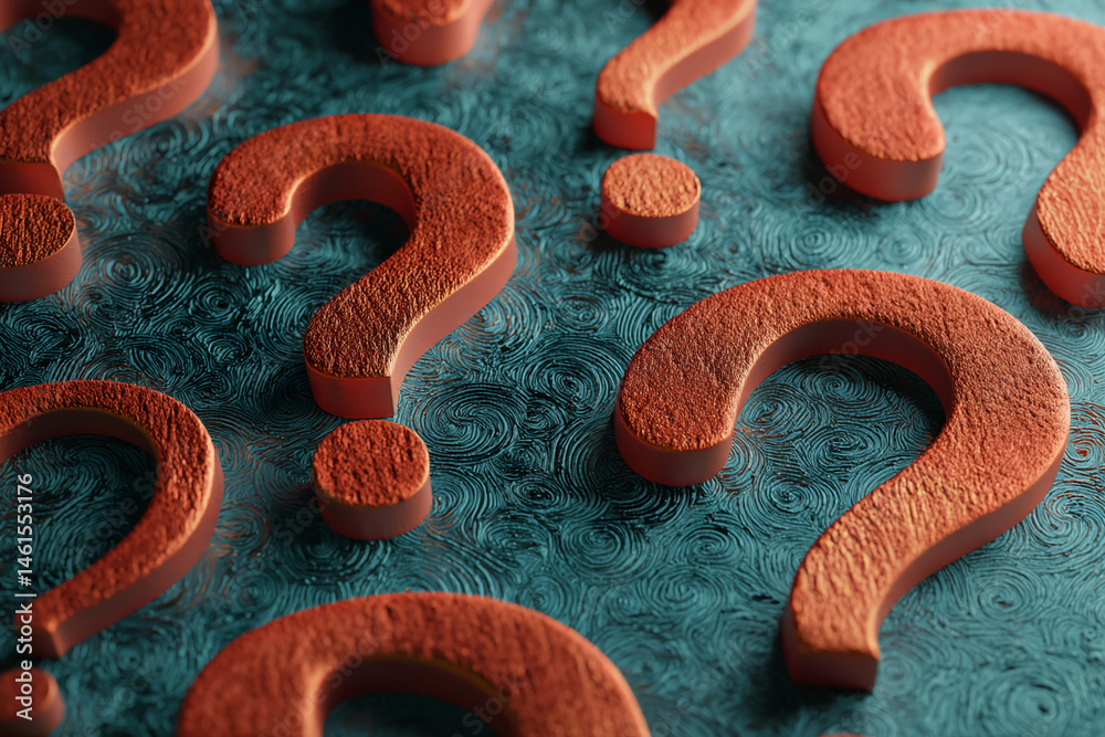 Poster Close-up of textured orange question marks on a teal background, suggesting curiosity, inquiry, or problem-solving concepts