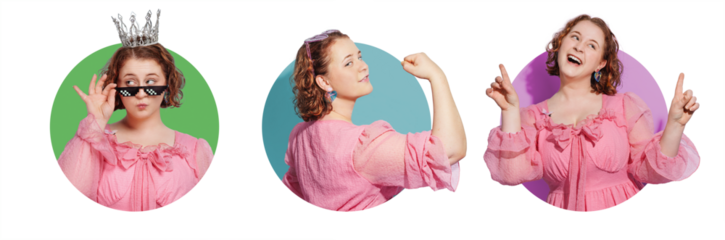 A beautiful, young woman showing off her strong muscles, shows with the fingers up dressed in pink. Different stickers, isolated on a white png background. Authentic girl.