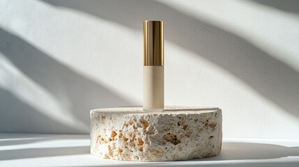 Beige cosmetic product on stone, sunlit background