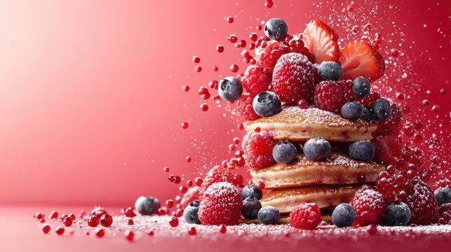 Stack of delicious pancakes topped with fresh raspberries, blueberries, and strawberries, sprinkled with powdered sugar on a bright red background.