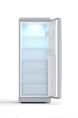 Empty opened fridge isolated on white backdrop