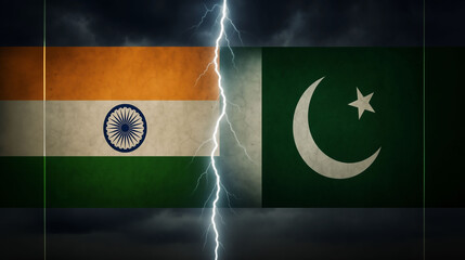 India vs Pakistan flags with lightning in sky symbolizing war concept