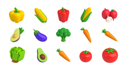 Fototapeta premium Vegetables and fruits 3d vector cartoon icon set. Pepper, corn, avocado, eggplant, broccoli, carrots, lettuce, tomato,vegetable, cartoon, illustration, carrot, vector, food, 3d, colors, cut out,