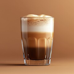 A delicious latte macchiato is presented in a transparent glass, showcasing its distinct layers of coffee and frothy milk on brown surface.