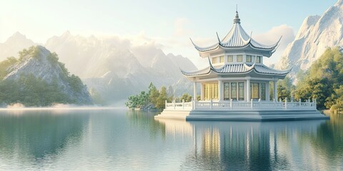 Obraz premium Serene waterside pavilion in a tranquil Asian landscape with hazy mountains