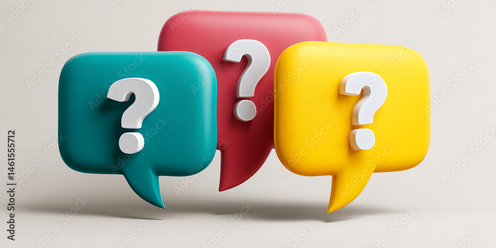 Aufkleber three colorful speech bubbles with white question marks, symbolizing inquiry, questions, and seeking