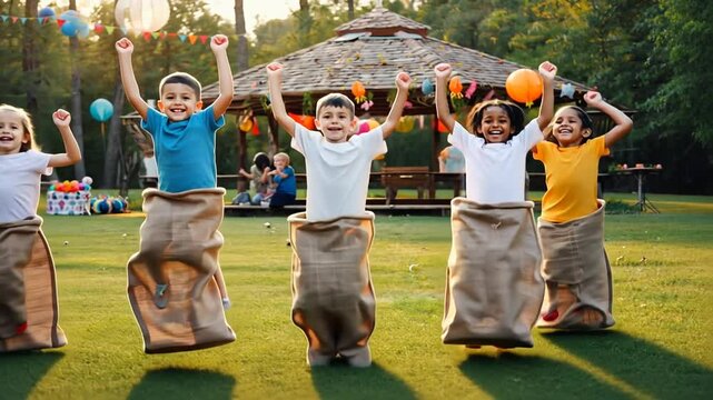 Children playing a sack race at a party.
