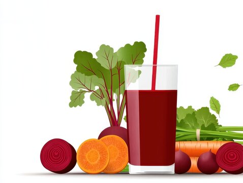 a glass of organic vegetable juice, beverage element, realistic art style, with carrot and beetroot slices, isolated on white background