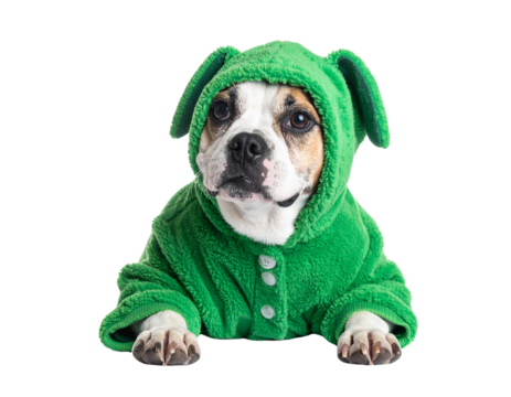 Dog wearing a green hooded costume with front paws extended forward, looking up with a calm expression.