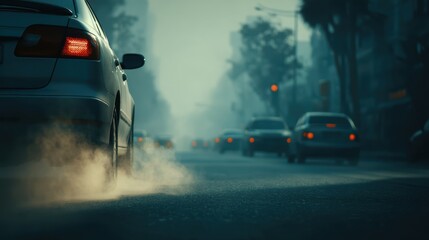 Pollution concept: old car exhaust pipe releasing smoke in the street, signifying air contamination