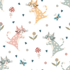 gentle cats in glasses on a meadow. on the background of butterflies, hearts, flowers and mushrooms. seamless pattern