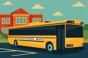 Flat Design Illustration of Modern School Bus Parked in School Lot