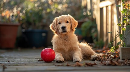 A golden retriever puppy with adorable eyes is lying down next to a red ball on a deck with a blurred background of outdoor plants.