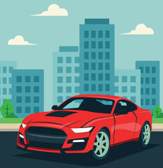 Flat Design Illustration of Red Sport Car Parked on Street