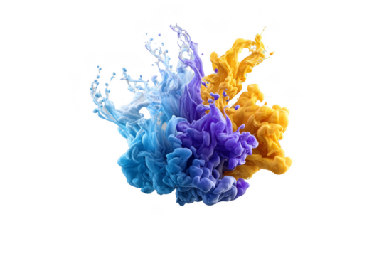 Vibrant colored ink swirling and merging in dynamic patterns. Png, Transparent background.