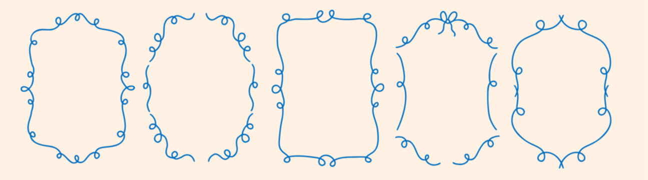 Rectangle wavy scallop frame in doodle vintage style. Border with elegant outline loop. Rectangular shapes with curvy and jagged borders in blue color.