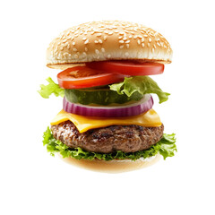 Flying hamburger isolated [Transparent Background PNG].