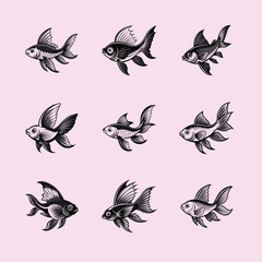 sea fish logo vector design, labeled linocut silhouette illustration.