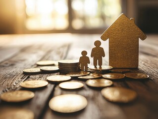 Golden house and family figures sit atop a pile of coins symbolizing financial security and planning for the future on a wooden surface.